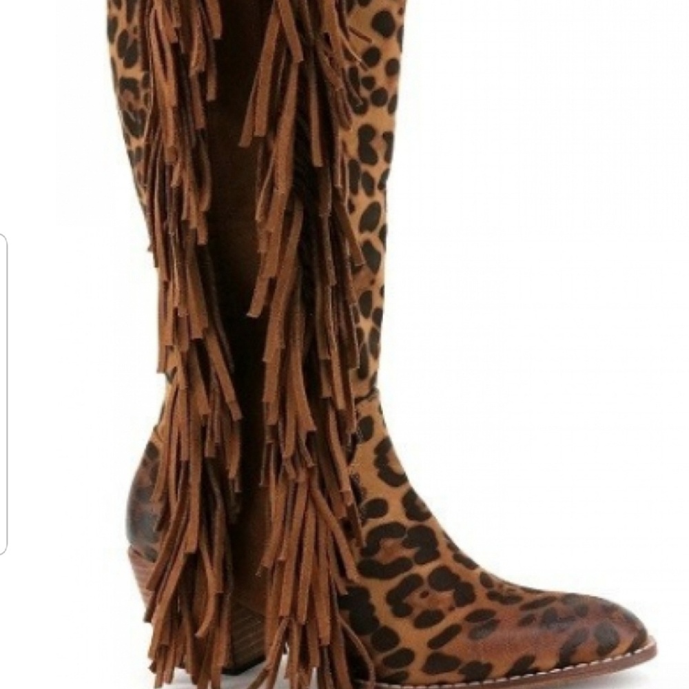 Knee high leopard fringe boots